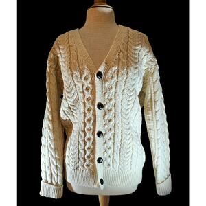 LL Bean Aran Islands Irish Cardigan, Mens M, V-neck, handknit, leather buttons